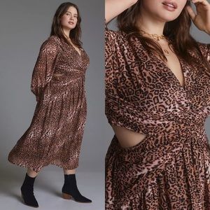 NEW Anthropologie Chiffon Pink Cheetah Animal Print Vneck Cutout Midi Dress 2X